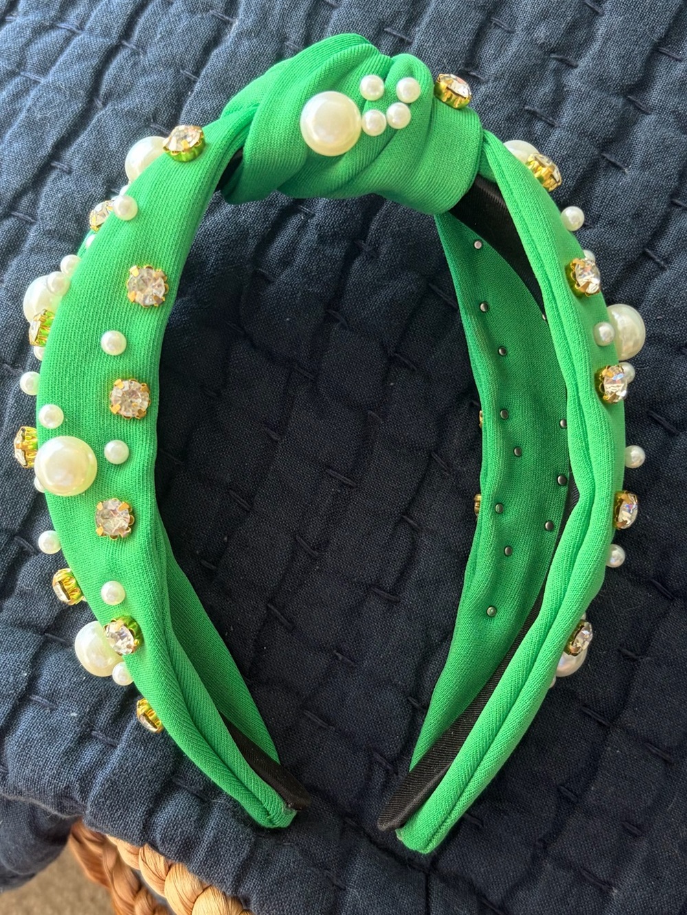 Embellished Knotted Green Headband with Pearls & Rhinestones